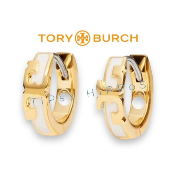 NEW!  Tory burch SET OF TWO Serif Black and Gold and White and Gold Huggie Earri - Picture 2 of 7